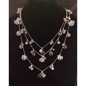 Chicos Silver-Toned Three-Strand Necklace With Mauve & Clear Beads Adjustable